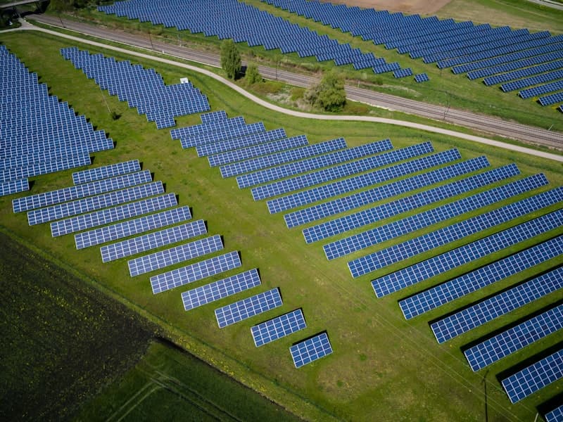 Aerial view of a large commercial solar farm